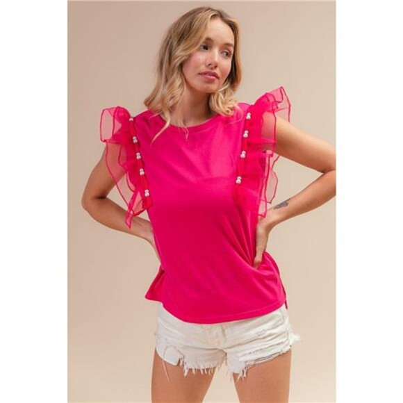 BiBi Pearl Decor Mesh Ruffle Sleeve Top - Picture 1 of 4